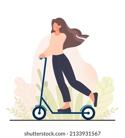 Young girl on scooter. Woman in park, environmentally friendly transport. Sportswoman takes care of her body, active lifestyle and cardio trainings outdoors. Cartoon flat vector illustration