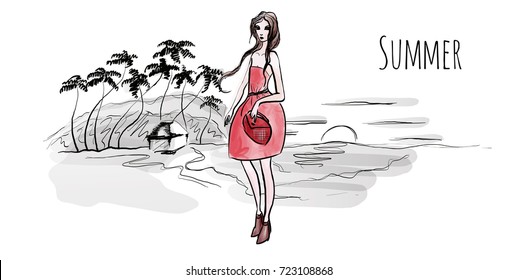 Young girl on sea beach at sunset, palm trees and hut on the shore. Vector illustration in sketch style, isolated on white.