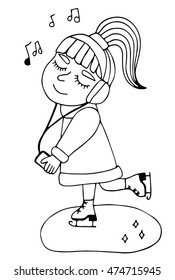 Young girl on skates and listens music. Mono color black line art element for adult coloring book page design.

