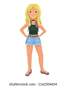 Young girl on white background with backpack. Summer clothes. Blonde fermale vector character. Woman with blond hair in blue denim shorts and rucksack on shoulders.