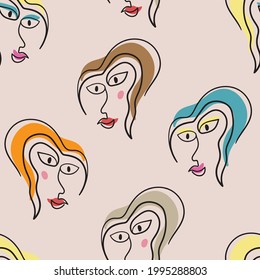 Young girl one line woman face portrait, modern contemporary minimalist art abstract character. Vector illustration. Seamless pattern.