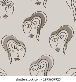 Young girl one line woman face portrait, modern contemporary minimalist art abstract character. Vector illustration. Seamless pattern.