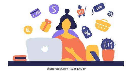 Young girl online shopping from home during Quarantine. Stay at home, self-isolate concept. Online purchases from home during pandemic. Vector flat illustration
