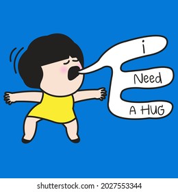 Young Girl Open Hands To Hug. Sad Girl Really Need A Hug Concept Card Character illustration