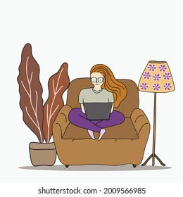 Young girl operating laptop computer for working or business communication at cozy home. For concept of work from home. Vector illustration in doodle art style