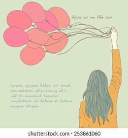 Young girl in the orange sweater with blue hair and beautiful red balloons Vector illustration eps 10