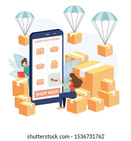 Young girl order product from the dropship store. Drop shipper order to the supplier to deliver the product to her client. Vector illustration flat design style.