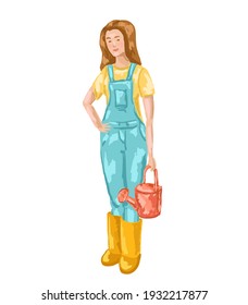 A young girl in overalls and rubber boots with a watering can in her hands. Garden work, crop watering. Vector illustration on a gardening theme.