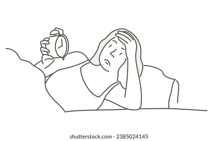 Young girl overslept and looks at alarm clock. Hand drawn vector illustration. Black and white.