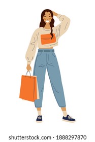 Young girl with packages from the store, sale concept. Modern young woman with purchases, different packages and in hands. Cartoon flat illustration isolated on white background.