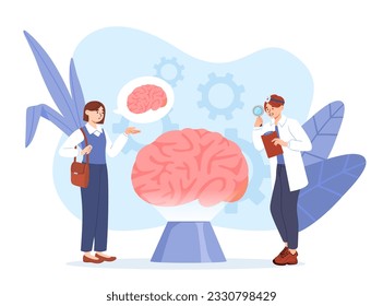 Young girl with pain head concept. Woman with specialist examines brain. Patient with doctor. Diagnosis and treatment, health care. Neurological examination. Cartoon flat vector illustration