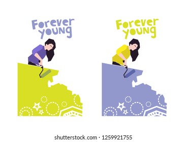 a young girl paints wall with roller