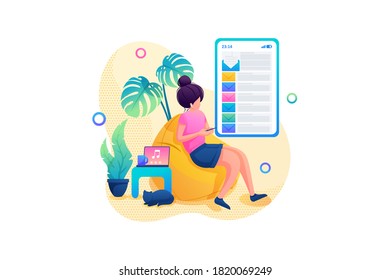 Young girl parses letters in the mail, remote work. Flat 2D. Vector illustration web design.