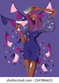A young girl at a party. Nightclub invitation. Young party girl in a mini dress. Modern girl, great design for any purpose. Vector holiday illustration. The concept of female beauty.