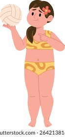 A young girl in patterned swimwear holds a volleyball with a thoughtful expression. The child stands barefoot, wearing a floral hair accessory, and appears contemplative. Cartoon vector illustration.