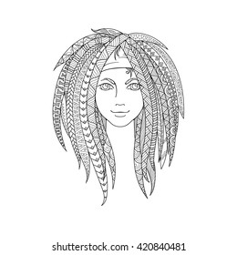 Young girl with patterned zentangle dreadlocks. Ornate hairstyle. Picture for coloring. Vector illustration.