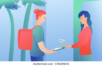 A young girl pays for purchases with a bank card at her home. Woman courier with a thermal bag accepts payment using a phone and a card reader.