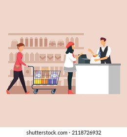 Young girl pays and women holding a cart and waiting in Line in front of Cash Desk. Vector flat illustration.