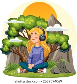 Young girl peacefully listening to music outdoors surrounded by nature