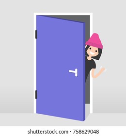 Young girl peeking out from behind the door. Hello or Goodbye hand waving. Welcome home. Flat editable vector illustration, clip art