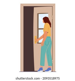 Young Girl Peep into Open Doorway, Curious Female Character Opening Door Isolated on White Background. Entrance to Apartment or Office, Invitation, New Opportunity. Cartoon People Vector Illustration