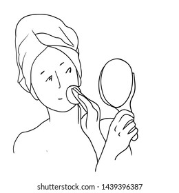 Young girl performing cosmetic procedures, face and body care, linear pattern in vector