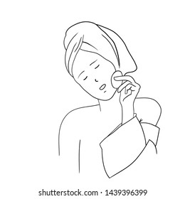 Young girl performing cosmetic procedures, face and body care, linear pattern in vector
