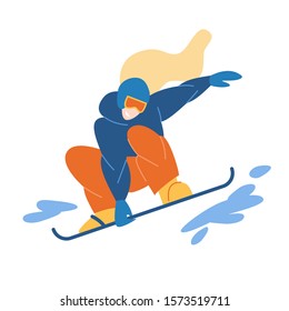 Young girl performing a snowboard trick, practising extreme sports. Trendy vector character isolated on white background.