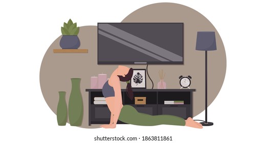 Young girl performs aerobics exercises. Vector illustration. Stay at home concepts