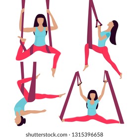 A young girl performs yoga exercises in a hammock.