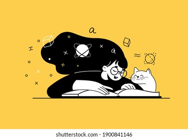 Young girl with the pet cat near her reading and studying math book. training young people to gain knowledge from books and the Internet. design composition onlain students vector