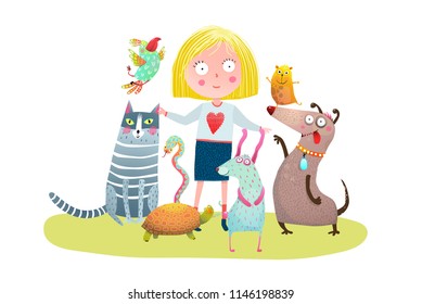 Young Girl and Pet Shop. Fun colorful cartoon with small girl and domestic animals. Vector illustration.