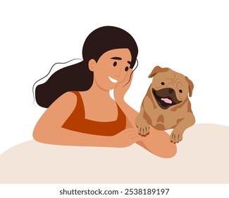 Young girl with pet. A girl sitting with a pug dog. Vector Cartoon Style Illustration.