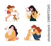 Young girl with pets. A girl holds a rabbit in her arms, hugs a cat, plays with a dog. Vector illustrations collection isolated on white.