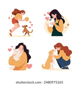 Chica joven con mascotas. Una niña sostiene un conejo en sus brazos, abraza a un gato, juega con un perro. Ilustraciones vectoriales colección aislada en blanco.