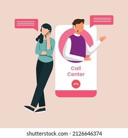 Young girl with phone calling to customer support service. Calling center. Operator of online consulting with client. Colored flat vector illustration.