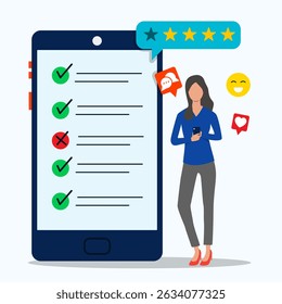 Young girl with phone choosing answer or giving feedback and opinion in survey form. Mobile survey or client feedback concept. Like, comment and review on social media application