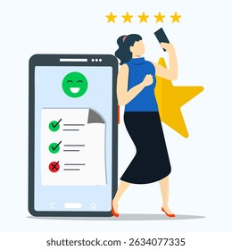 Young girl with phone choosing answer or giving feedback and opinion in survey form. Mobile survey or client feedback concept.