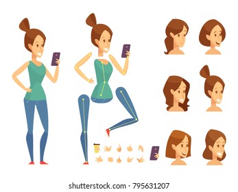 Young girl with phone constructor with various hairstyles and gestures. Separate parts of body. Cartoon style, flat vector illustration.