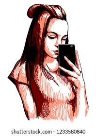 Young girl with phone hand drawn style vector illustration.