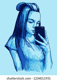 Young girl with phone hand drawn style vector illustration.