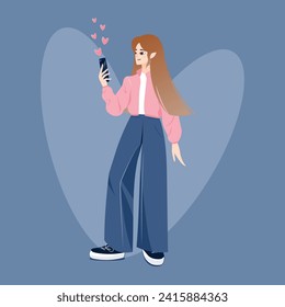Young girl with a phone in her hand receives likes on a blue background. Vector, smartphone, jeans, pink.