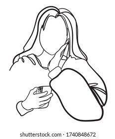 
Young girl with a phone in her hands. Girl with a smartphone. One line drawing.