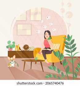 A young girl with a phone in her hands sits in an armchair in a cozy living room flooded with light.  Her dog wants to go for a walk.  Vector illustration.