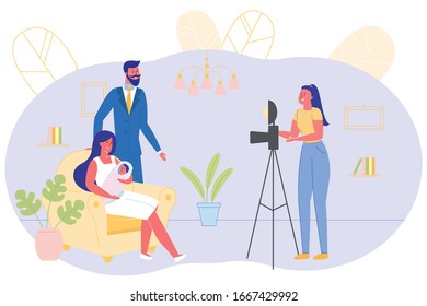 Young Girl Photographer Takes Picture for Family. Specialist Explains to Customers how They should Pose to Get Better in Photo. She Stands Behind Tripod in Cozy Studio for Family Portraits.