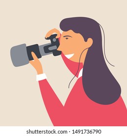 A young girl photographs with a SLR camera in a natural environment. Photographer. Editable Vector Illustration
