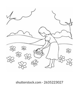 A young girl picking flowers in a field with a basket surrounded by nature and beauty