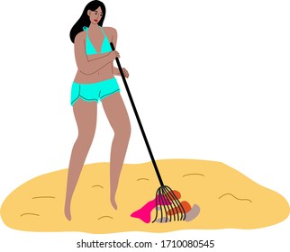 Junge Mädchen, die Müll auf Vektorillustration am Strand pflücken und werfen