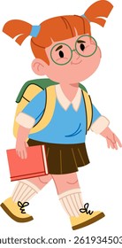 A young girl with pigtails, glasses, and a backpack walks to school carrying a book.  A student in uniform strides along, textbook in hand, ready for class. Cartoon vector illustration