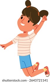 A young girl with pigtails jumps happily in casual attire, drawn in a playful cartoon style. The child is depicted mid-leap, expressing excitement and energy. Cartoon vector illustration.